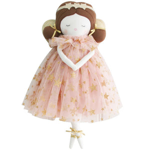 The ALIMROSE - CELESTE FAIRY DOLL IN PINK GOLD STAR from ALIMROSE features brown hair styled in buns, a golden tiara, and a pink and gold star tulle dress. With serene closed eyes and blushing cheeks, its hands clasped in front and feet wrapped in gold ribbon, this plush doll has sparkly gold wings that add an enchanting touch.