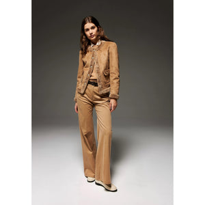 The SEVENTY High-Waisted Lightweight Corduroy Wide Leg Pant is tan, made from 100% cotton, and features a button and zip closure. It has straight legs and is showcased against a white background.