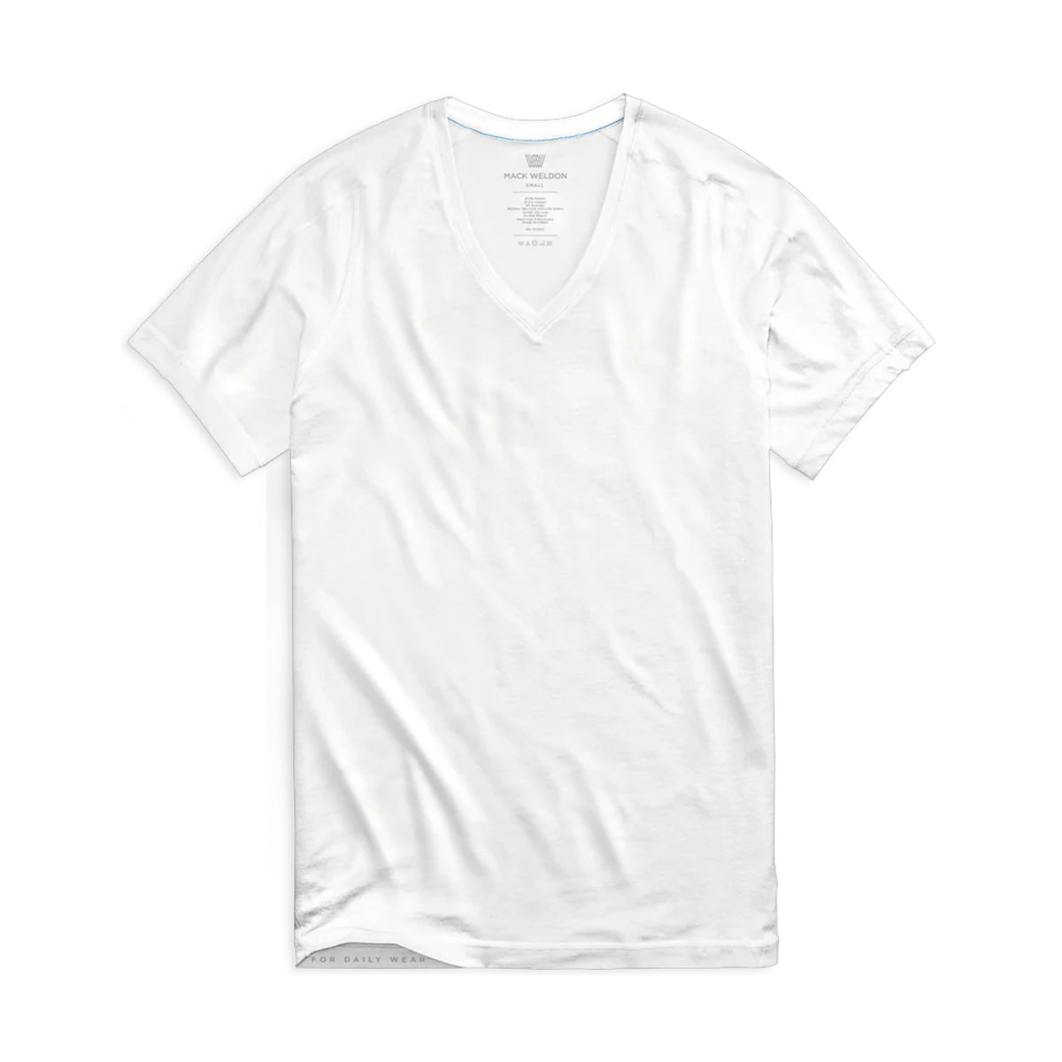 The MACK WELDON 18 Hour Jersey V-Neck Undershirt, a plain white slim fit short-sleeve tee, is laid flat on a white background.