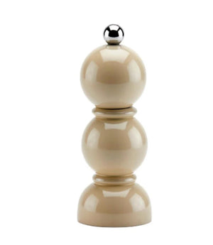 The ADDISON ROSS LONDON Mini Bobbin Salt or Pepper Mill 14cm in cappuccino beige features a glossy spherical design with a silver knob and three stacked rounded sections. Its ceramic mechanism offers smooth operation, exuding modern style and sustainability with FSC certification.