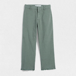 A pair of FRANK & EILEEN - KINSALE TROUSER IN PERFORMANCE LINEN in olive green, displayed against a plain white background. These straight-cut women’s pants feature a high-rise waistband, raw edge hem, and belt loops, and are made of lightweight fabric.