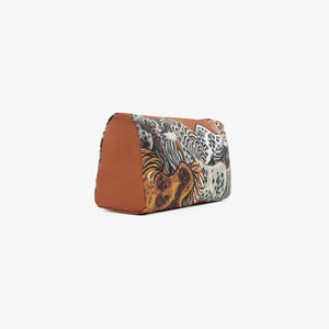 The INOUI EDITIONS - WESTERN COSMETIC BAG by INOUI is a rectangular pouch featuring an artistic design with abstract illustrations of horses in various earthy tones. Crafted from recycled polyester, it boasts a mix of white, brown, and orange shades on the background, highlighting the dynamic and detailed depictions of the horses.