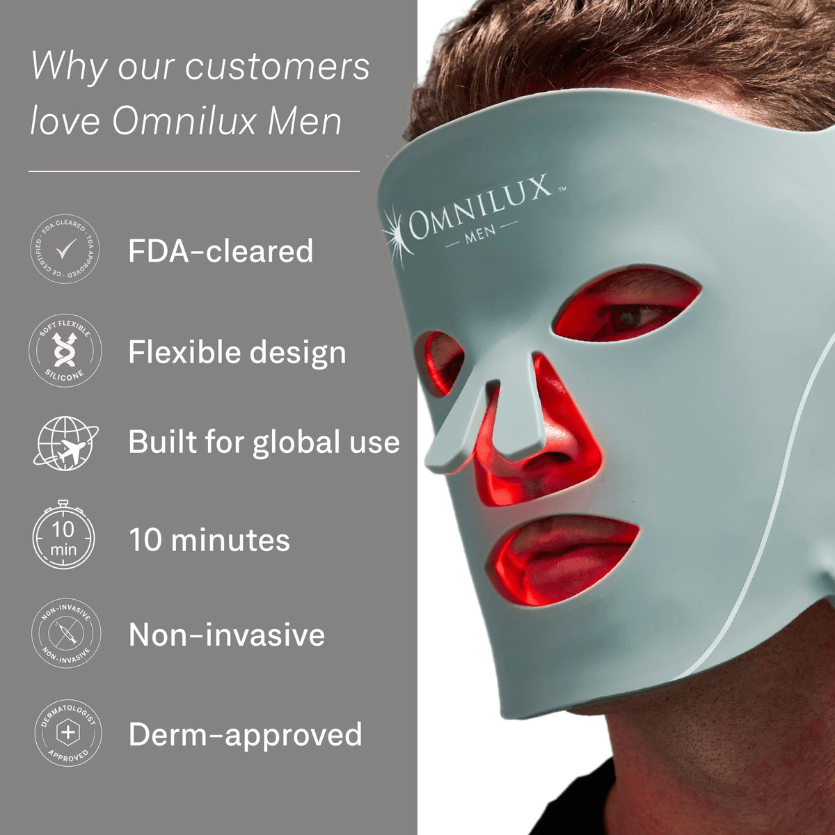 A man intently examines the OMNILUX - MENS MASK, a glowing red LED mask designed for skin rejuvenation with advanced red light therapy, featuring eye, nose, and mouth cutouts.