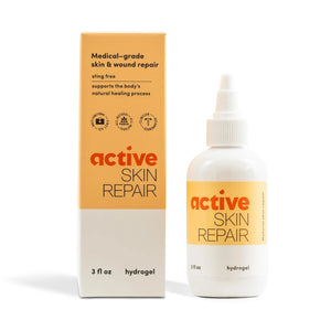 A 3 fl oz white bottle and yellow box of ACTIVE SKIN REPAIR - HYDROGEL by the brand ACTIVE SKIN REPAIR. This medical-grade, sting-free product utilizes hypochlorous (HOCl) to support the body's natural healing process. The packaging includes text and icons that highlight its usage and benefits.