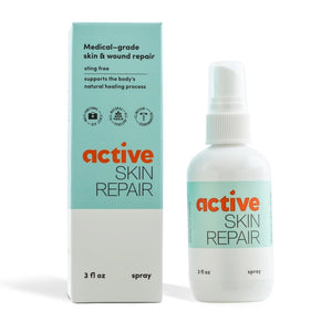 A white spray bottle labeled "ACTIVE SKIN REPAIR - SPRAY ACTIVE SKIN REPAIR" sits at the center of a gray background. Below it, professional mountain biker Brian Lopes shares his testimonial, praising the effectiveness of this hypochlorous (HOCl) formula from ACTIVE SKIN REPAIR for various skin issues and wound care.