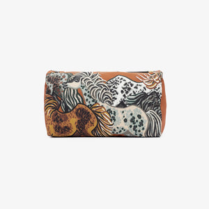 The INOUI EDITIONS - WESTERN COSMETIC BAG by INOUI is a rectangular pouch featuring an artistic design with abstract illustrations of horses in various earthy tones. Crafted from recycled polyester, it boasts a mix of white, brown, and orange shades on the background, highlighting the dynamic and detailed depictions of the horses.