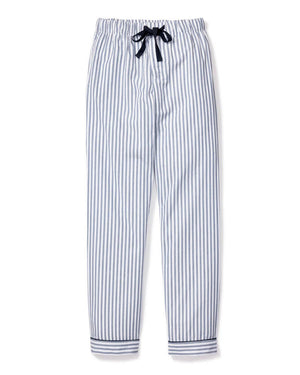 The FEARRINGTON LIFESTYLE COLLECTION - MEN'S TWILL PAJAMA PANT IN NAVY FRENCH TICKING by PETITE PLUME is a pair of pajama pants adorned with white and blue vertical stripes. Made from the finest quality cotton, these luxurious pants feature a black drawstring waist and black trim at the cuffs. Laid flat on a white background, they proudly display their elegant French ticking design.