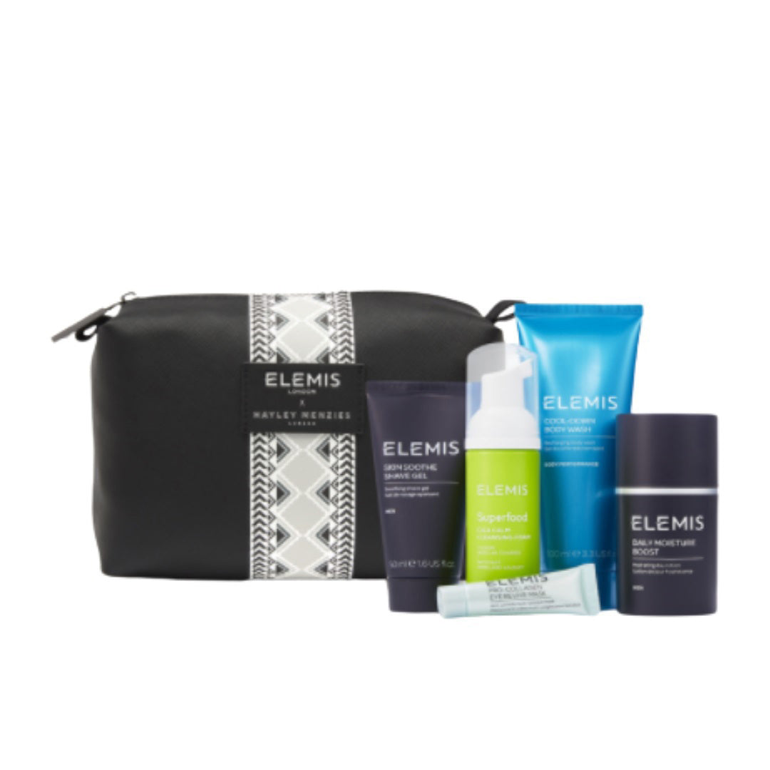 The ELEMIS X HAYLEY MENZIES London Grooming Collection by ELEMIS - STEINER features skincare products and a white geometric-design bag with the Elemis logo.