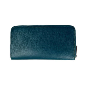 The MIRAMI FIRENZE LEATHER WALLET is a spacious, teal-colored wallet crafted from pebbled leather. It features a zip closure that runs along the top and sides, partially visible on the right in the image. The new wallet is displayed against a plain white background.