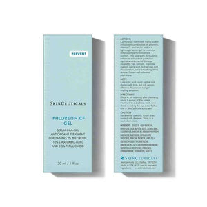 A brown bottle of SKINCEUTICALS - PHLORETIN 30M by SKIN CEUTICALS, featuring a black cap and blue label on the front. This Vitamin C gel is an antioxidant treatment containing 2% phloretin, 10% L-ascorbic acid, and 0.5% ferulic acid for environmental protection and addressing skin discoloration. It comes in a 30 ml size.