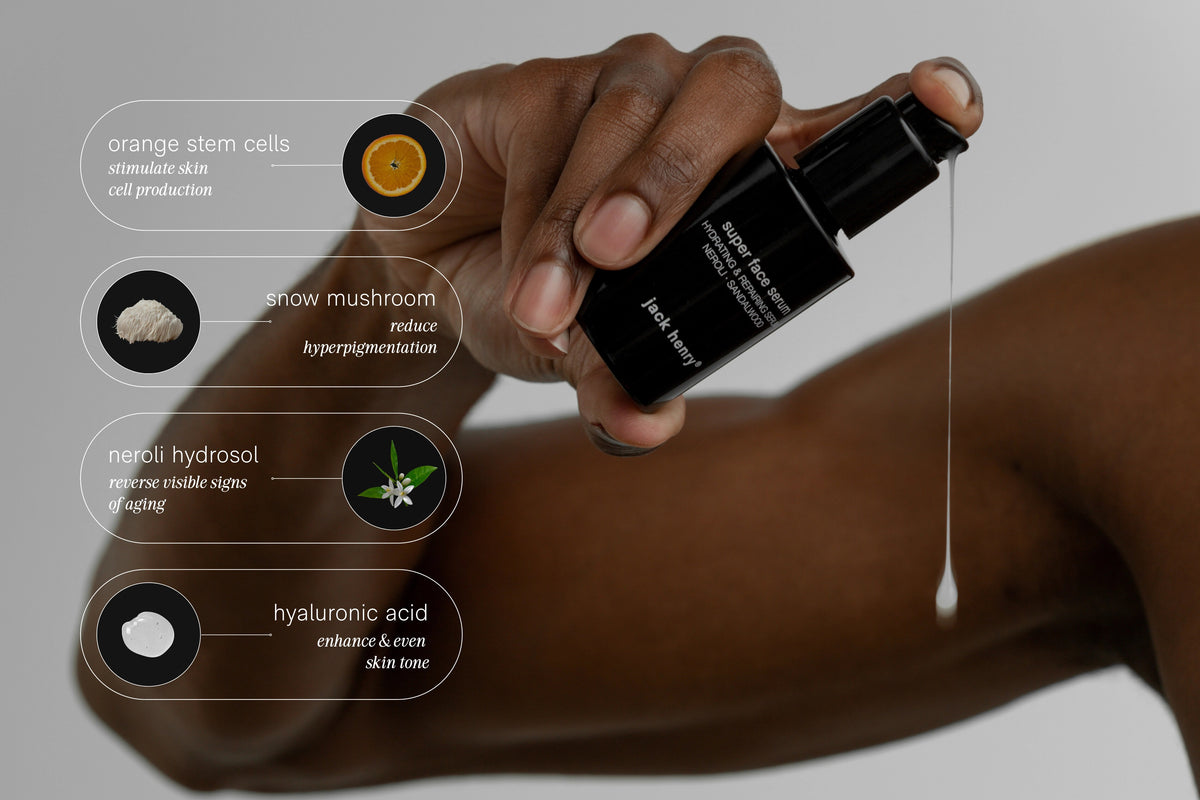 A person with medium-brown skin dispenses JACK HENRY - SUPER FACE SERUM from a black bottle. Overlay text lists orange stem cells, snow mushroom, neroli hydrosol, and hyaluronic acid—each shown with images and benefits.