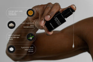 A person with medium-brown skin dispenses JACK HENRY - SUPER FACE SERUM from a black bottle. Overlay text lists orange stem cells, snow mushroom, neroli hydrosol, and hyaluronic acid—each shown with images and benefits.