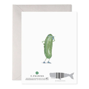 The PICKLEBALL BIRTHDAY CARD by E.FRANCES PAPER is a charming handcrafted birthday card featuring two cartoon pickles engaged in a game of pickleball using paddles and a ball. The delightful watercolor design enhances its appeal, while the text on the card humorously advises, "Dink Responsibly. Happy Birthday." It's an ideal choice for greeting card enthusiasts with a sense of humor!