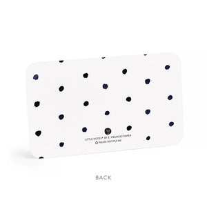 A clear plastic box contains a stack of small notecards. The top card showcases "HELLO!" in bold, black letters, while the box's label, featuring a watercolor illustration, reads "E.FRANCES PAPER HELLO LITTLE NOTES 85 use unsparingly.