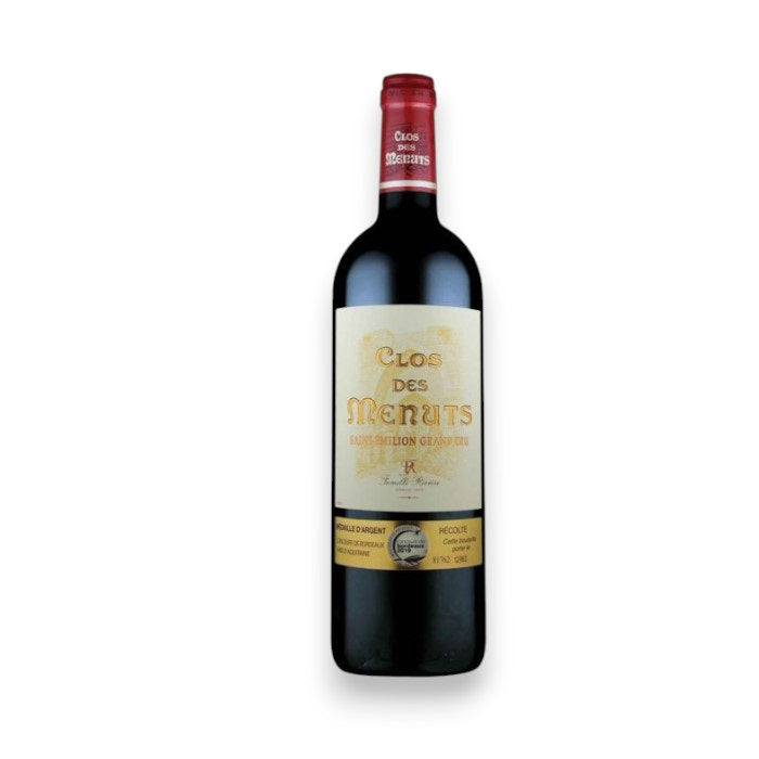 A 375ml half bottle of Clos des Menuts St Émilion 2018 by Monsieur Touton, featuring a red top and cream label with text and a small red emblem, elegantly highlights the Merlot&#39;s sophistication against a simple backdrop.