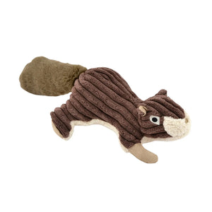 The TALL TAILS Squirrel Squeaker Dog Toy is perfect for cuddling and play, featuring brown corduroy fabric, soft stuffing, a bushy tail, white facial and belly details, stitched eyes, and small felt ears. Ideal for playful pups!.