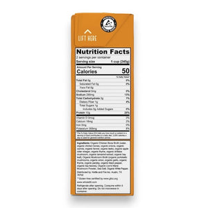 The image displays a carton of KETTLE & FIRE - MUSHROOM CHICKEN BONE BROTH. The label specifies that it includes 10g of protein per serving, is a collagen source, gluten-free, and crafted with organic mushrooms and free-range chicken bones. The carton has a net weight of 16.9 oz (1 lb 0.9 oz) or 479g.