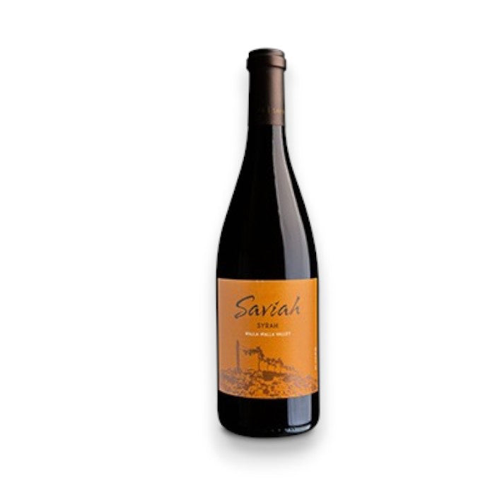 A bottle of SAVIAH SYRAH 2021/2022 from OCEAN SOUTH IMPORTS features an orange label with &quot;Walla Walla Valley,&quot; hinting at dark wild berry flavors, on a plain white background.