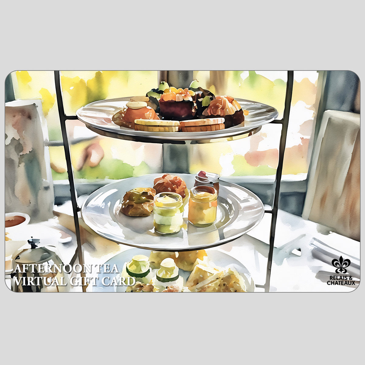 A person holds a tray of pastries, berry tarts, and whipped cream. Text reads “AFTERNOON TEA FOR TWO GIFT CARD” from FEARRINGTON VILLAGE and shows the Relais &amp; Châteaux logo.