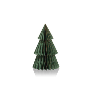 An image of the WISH PAPER DECORATIVE TABLETOP TREE - SMALL by ZODAX, presented in an intricate origami-style design, crafted from green mill-made paper. The tree stands upright against a plain white background, casting a subtle reflection on the surface below.