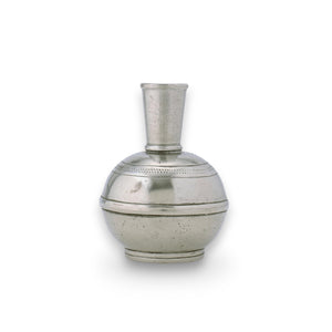The MATCH - PEWTER BUD VASE by MATCH is a silver, round-bottomed vase with a narrow cylindrical neck, wide body, engraved lines, and dotted patterns around its midsection and shoulder, shown against a white background.