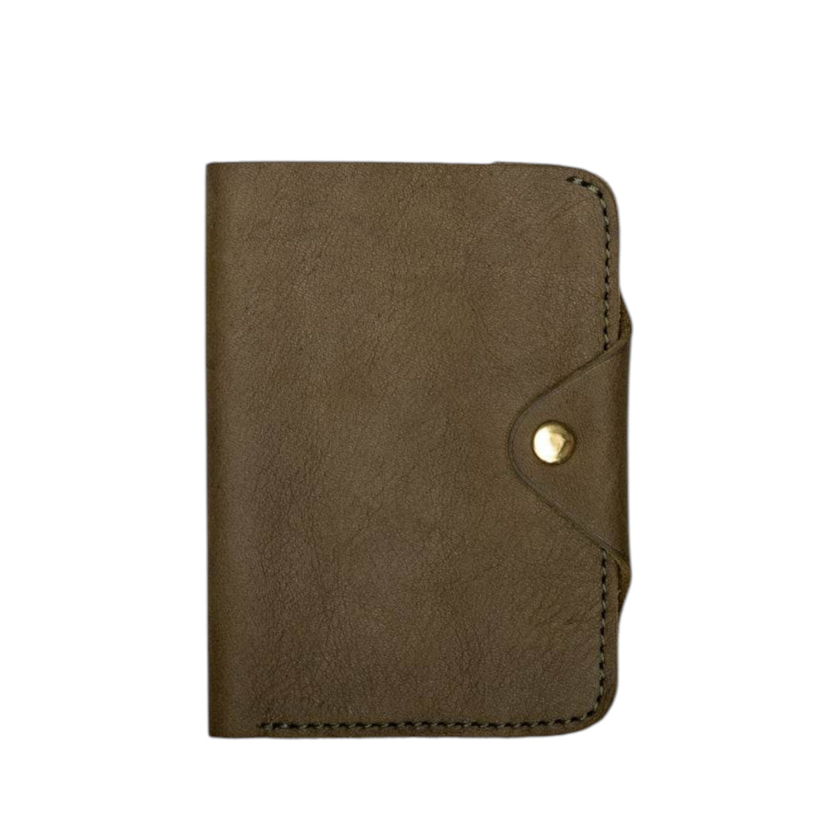 The WP STANDARD Leather Passport Holder in Olive features full-grain leather, visible stitching, and a button snap closure—ideal for keeping your travel essentials organized.