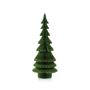 Introducing the ZODAX WISH PAPER DECORATIVE TREE - DAVOS TREE 36IN: a stylish green paper Christmas tree measuring 14 inches by 36 inches, showcasing layered, accordion-style branches elegantly displayed against a simple white background.