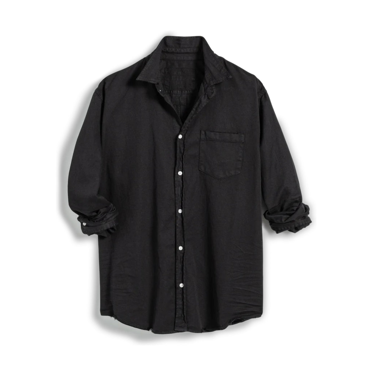 The FRANK &amp; EILEEN Luke Men&#39;s Button Up Shirt in Famous Denim Blackout features long sleeves, a chest pocket, and rolled cuffs, shown laid flat on a white background.