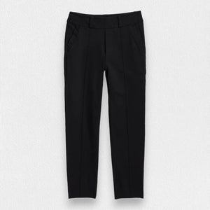 The FRANK & EILEEN - MURPHY BILLION DOLLAR PANT is laid flat against a white background. These black dress pants feature a straight-leg cut, with side pockets and a waistband adorned with belt loops. The fabric appears smooth and slightly stretchy, making them perfect for transitioning from the boardroom to cocktails.