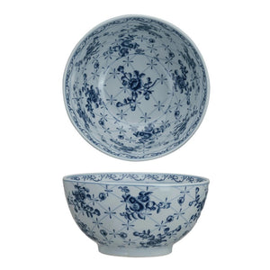 Two views of the CREATIVE COOP Porcelain Bowl with Botanicals are shown. The bowl features intricate floral and geometric patterns on both the interior and exterior surfaces. The top view displays the inner design, while the side view highlights the outer pattern, making it an exquisite addition to home decor.