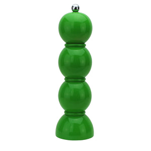 The ADDISON ROSS LONDON - BOBBIN SALT OR PEPPER MILL 24CM by ADDISON ROSS features a bright green exterior with a sleek, modern design consisting of four stacked spherical segments and a small silver knob on top. Its smooth and glossy surface encloses an efficient ceramic mechanism, making it perfect for use as either a pepper grinder or salt grinder.