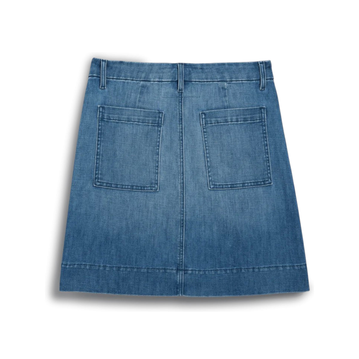 The FRANK &amp; EILEEN Jameson Utility Skirt in Italian Dream Light Denim 1968 Wash is a blue mini skirt with utility pockets, belt loops, and a front zipper closure, shown against a white background.