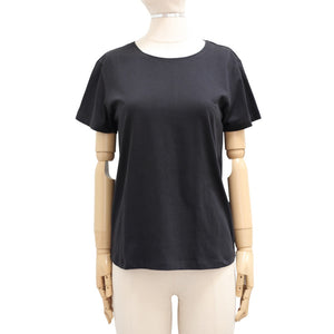 A mannequin showcases the CREW TEE from CLOTH & CO. in size XS and Squid Ink color. This short-sleeve T-shirt, crafted from organic cotton, features a simple yet timeless design with a crew neckline. The neutral-colored mannequin, equipped with articulated wooden arms, stands against a plain white background, reflecting the brand's commitment to sustainable fashion and ethically-made clothing values.