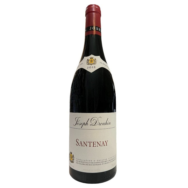 A bottle of JOSEPH DROUHIN SANTENAY 2018 by WINE: GRAPEVINE, crafted from Pinot Noir grapes with organic biodynamic methods, features a cream label and red foil neck, displayed against a plain white background.