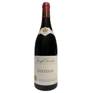 A bottle of JOSEPH DROUHIN SANTENAY 2018 by WINE: GRAPEVINE, crafted from Pinot Noir grapes with organic biodynamic methods, features a cream label and red foil neck, displayed against a plain white background.