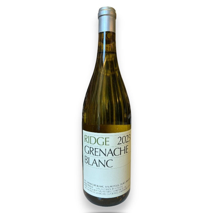 A bottle of RIDGE GRENACHE BLANC 2023 by WINE: WINEBOW, featuring a white label with black text, stands upright on a white background. This Paso Robles white wine is noted for its elegance and clarity.