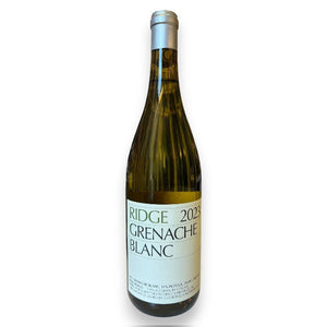 A bottle of RIDGE GRENACHE BLANC 2023 by WINE: WINEBOW, featuring a white label with black text, stands upright on a white background. This Paso Robles white wine is noted for its elegance and clarity.
