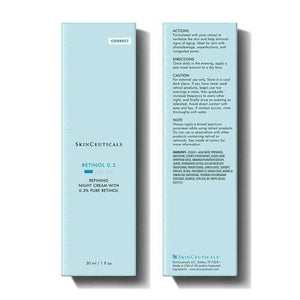 A white tube of SKINCEUTICALS - RETINOL .03 night cream, a premier Retinol face cream from SkinCeuticals designed for acne treatment and anti-aging, containing pure retinol, 30 ml. The tube features a black cap and displays blue and black text.