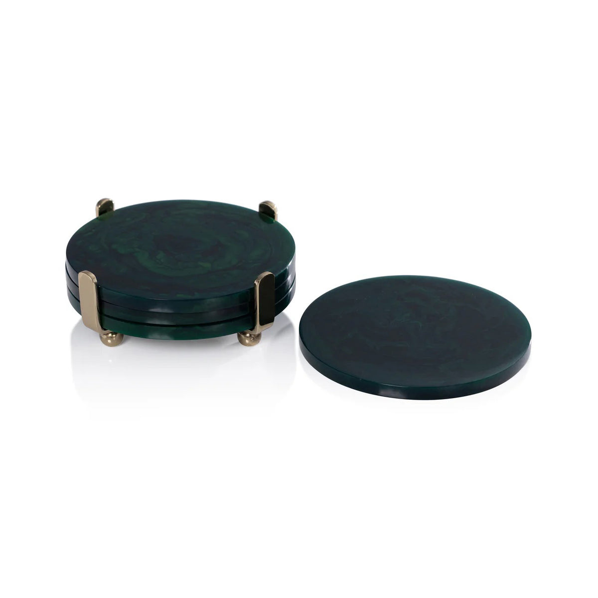 The ZODAX SPIGA Set of 4 round, dark green marbled resin coasters includes a metal stand with four posts. One coaster is displayed separately; the others are stacked in the holder. Size: 4.25” x 1.75”.