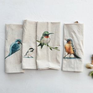 The TEA TOWEL WITH BIRD by CREATIVE COOP features four charming bird illustrations on premium cotton and linen fabric. One tea towel shows a bird perched on a branch, another depicts a bird standing tall, the third illustrates a small bird, and the last one showcases a bird perching delicately on a twig. Each printed tea towel displays birds facing outward.