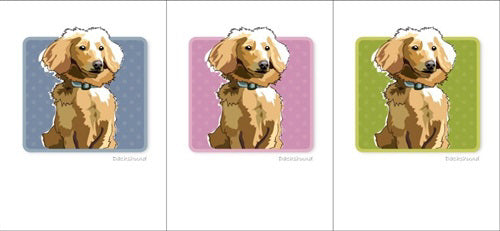 The DACHSHUND BOX NOTES by PAPER RUSSELLS feature a pop art style illustration of a brown dog wearing a blue collar, repeated three times. Each panel is set against vibrant backgrounds in blue, pink, and green with subtle patterns. These notes are crafted on recycled paper and are proudly made in the USA.