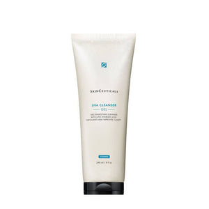 A white tube of SkinCeuticals LHA Cleansing Gel is ideal for aging skin. The packaging features a blue square logo at the top, followed by the brand name, product name, and a description stating “Decongestant cleanser exfoliates and improves clarity.” This 240 ml/8 fl oz exfoliating gel face cleanser effectively targets blemishes.