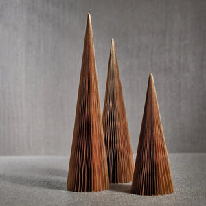 The ZODAX CONE TREE 24 INCH, crafted from brown paper with a pleated design, is centered against a white background, its dimensions flawlessly highlighting the delicate craftsmanship.