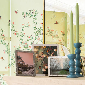 A set of framed landscape photos featuring nature scenes is displayed against a floral patterned wall with bird motifs. The arrangement includes a pair of tall green candles in an Addison Ross London - Tall Bobbin Candlestick 24cm, lacquered in blue chambray.