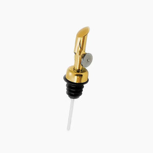 The BRIGHTLAND - SPOUT by BRIGHTLAND features a brushed gold liquor bottle pourer with a black rubber stopper and a white straw, designed for controlled pouring. The stainless steel spout includes a lever for opening and closing, ensuring precise flow and preventing spills. The product is showcased against a plain white background.