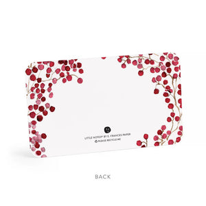 A rectangular card from E.Frances Paper's Red Berries Little Notes collection features a watercolor illustration of red berries and branches against a white background, adorning the top and bottom edges. This minimalistic design highlights natural elements, with the word "FRONT" elegantly inscribed below.