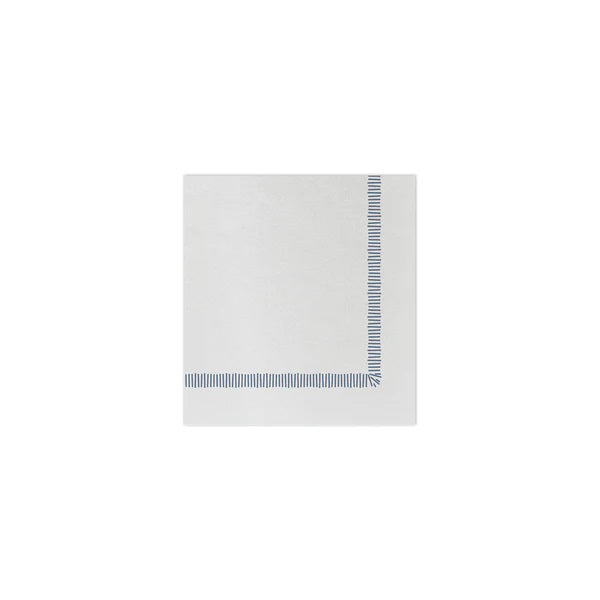 The VIETRI Fringe Cocktail Napkin is a plain white square with a thin, double-lined blue striped border on one corner. Crafted from soft spunlace, this elegant piece is perfect for any setting and beautifully centered on a white background.