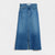 The FRANK & EILEEN Donnybrook Midi Denim Skirt is a blue denim skirt made from Italian Vintage Denim. It has a high-rise fit with front and back pockets, along with a classic jean-style waistband. The front slit and frayed hem add to its casual, worn-in look, enhanced by the slightly faded fabric.