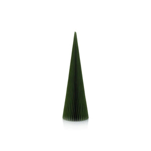 The WISH PAPER DECORATIVE CONE TREE - 20IN by ZODAX stands alone against a white background, resembling a minimalist green conical tree. Its sleek, fan-like design exudes simplicity and elegance, with dimensions of 15.24 cm x 50.8 cm enhancing its refined presence.