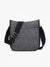 The JEN & CO DENIM CROSSBODY WITH GUITAR STRAP showcases a trendy gray fabric, black trim, adjustable guitar strap, and stylish rectangular shape with rounded corners. It features a front pocket and is set against a plain white background for both style and functionality.